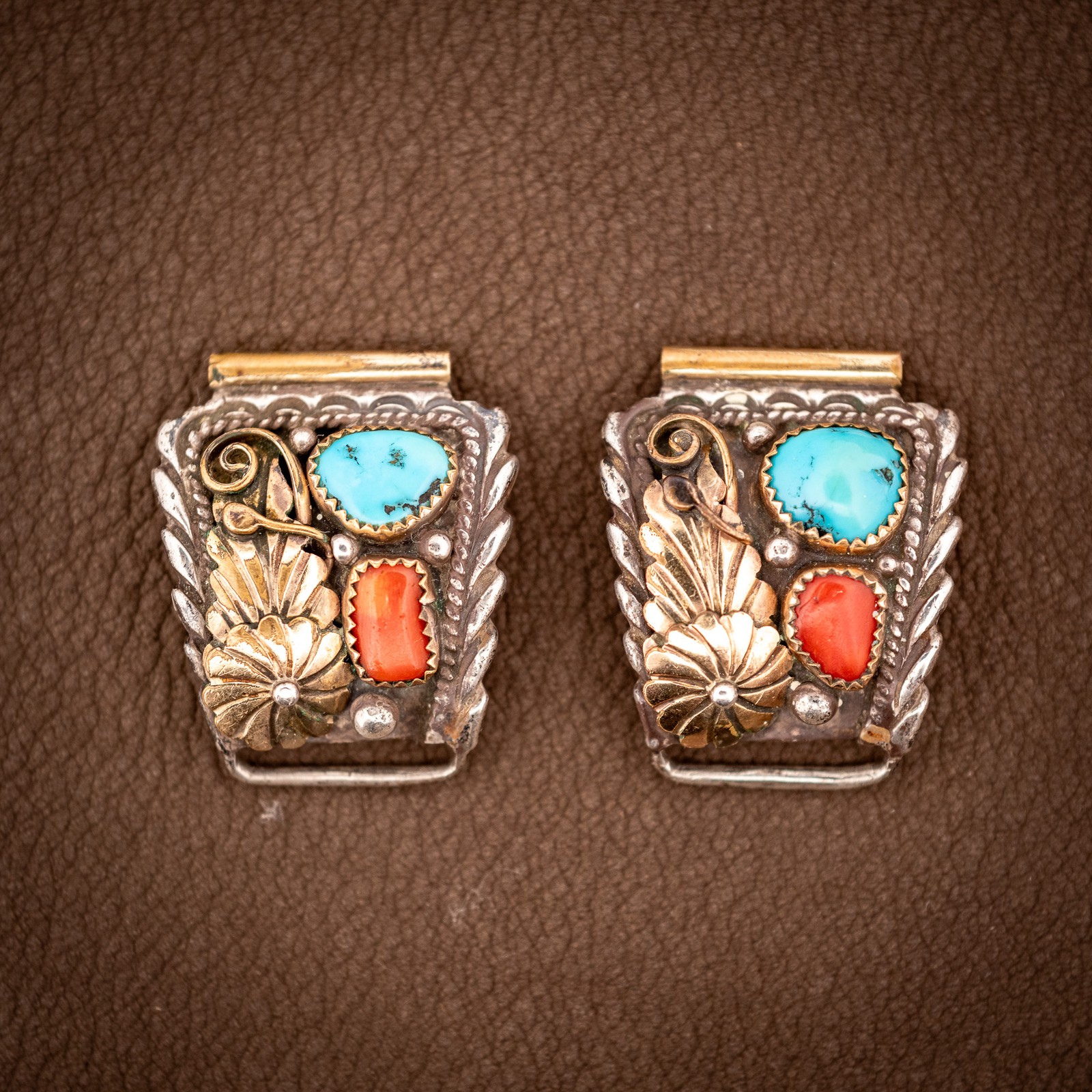 Vintage RB Navajo Sterling Silver Turquoise Coral Watch Tips Signed Pair