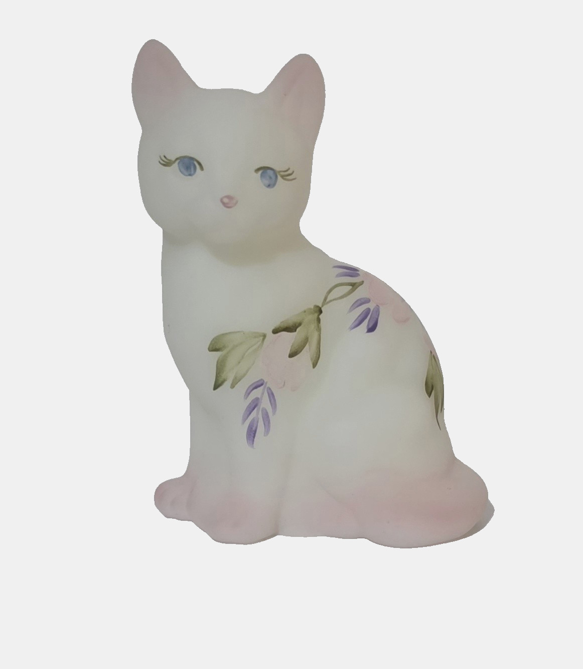 Vtg Fenton Sitting Cat Figurine White Satin Hand Painted Flowers Numbered Signed