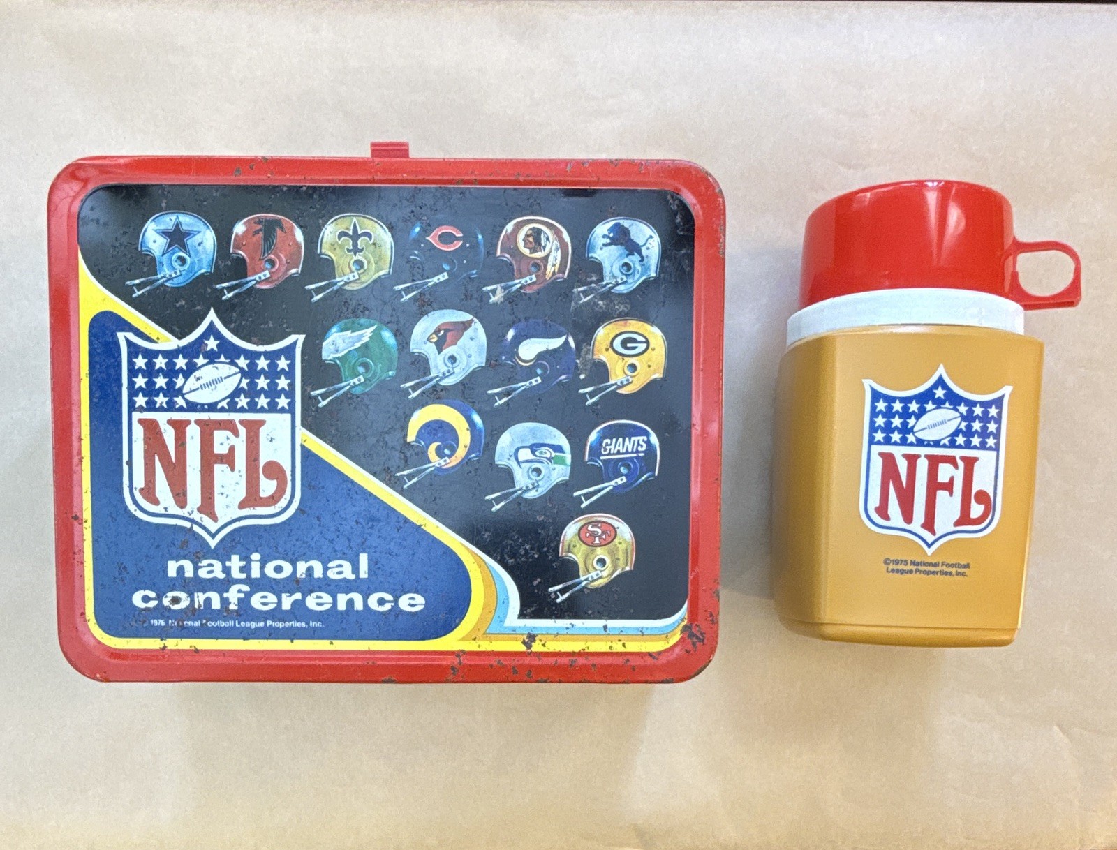 Vintage NFL Metal Lunchbox & Thermos Set National & American Conference Logos