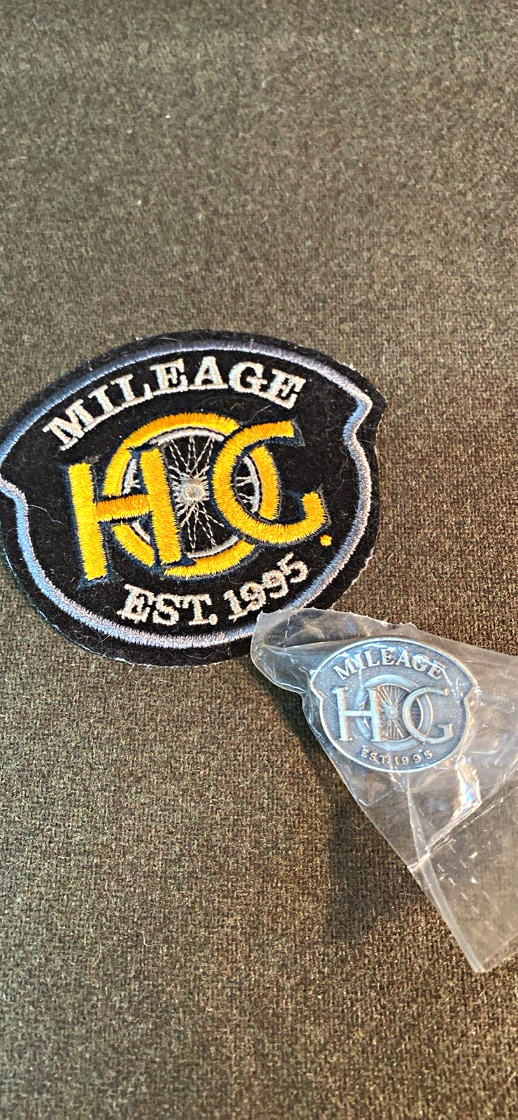 Harley-Davidson H.O.G. Mileage Est. 1985 Embroidered Patch and Pin Set Harley-Davidson H.O.G. Mileage Est. 1985 Embroidered Patch and Pin Set