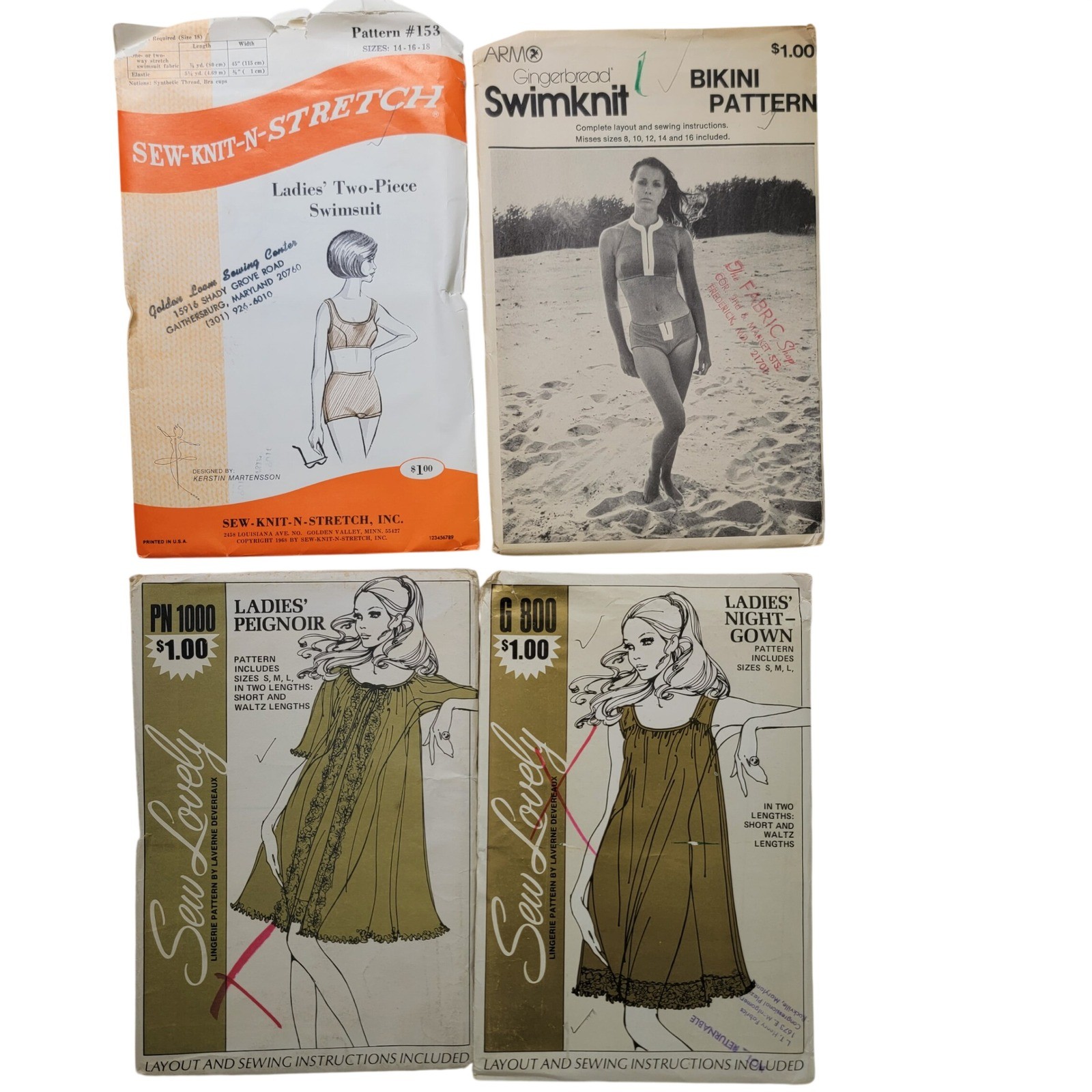 Vintage 60s 70s Sewing Patterns Lot Swimsuit Bikini Nightgown Peignoir 4pc Set