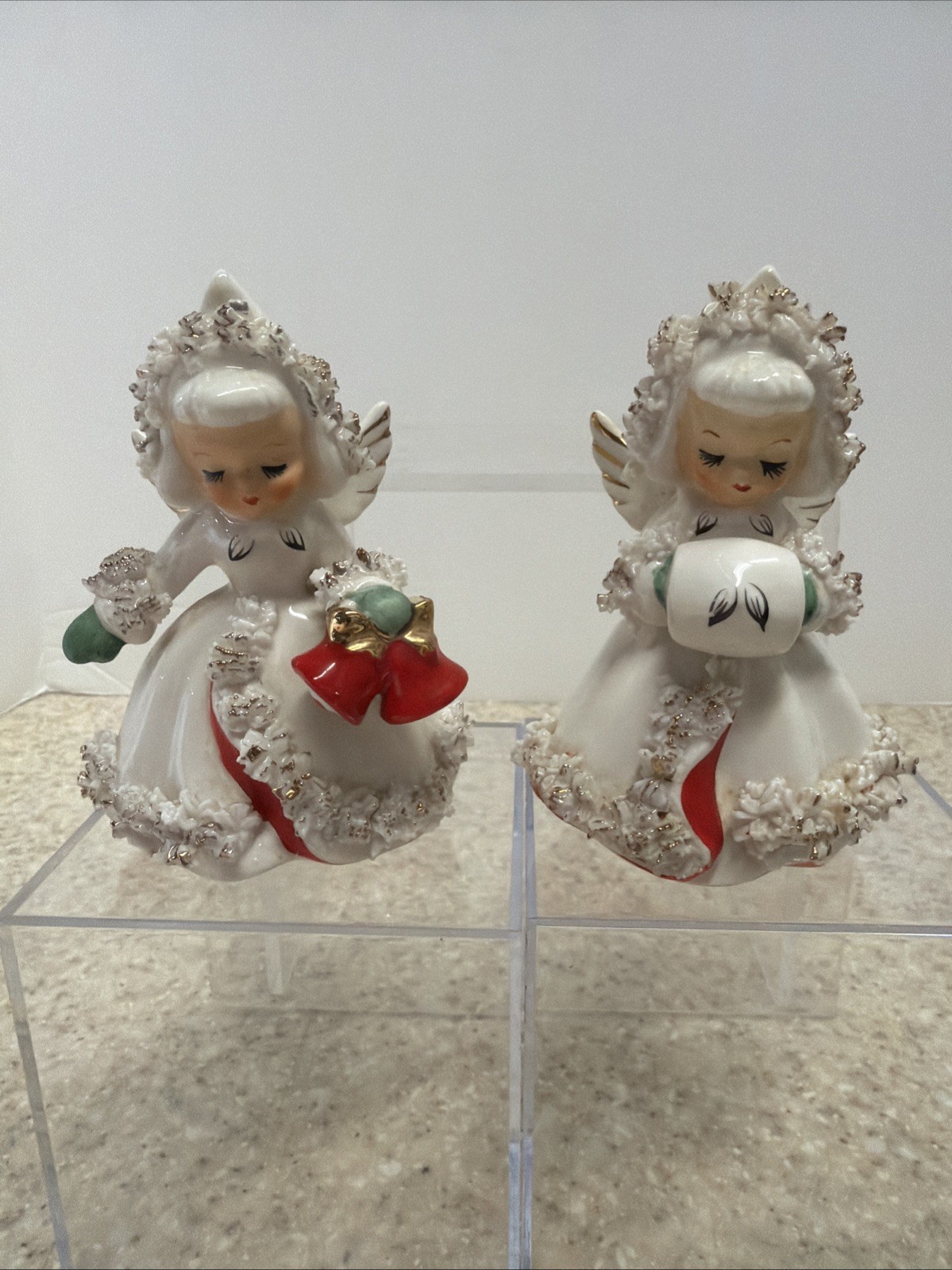 Vintage 1958 Holt Howard Christmas Angel Candle Holders Pair Spaghetti Japan