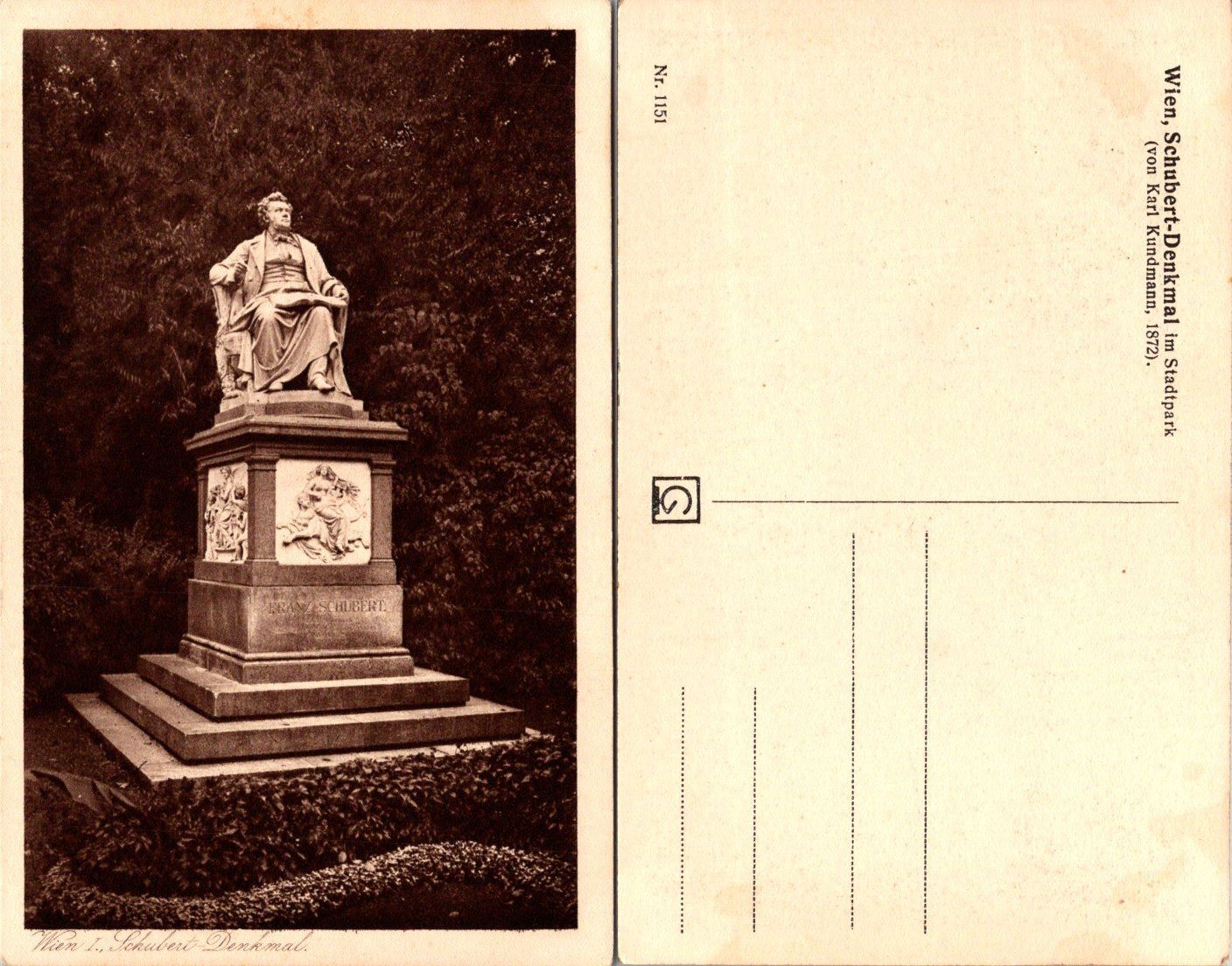 Wien Schubert-Denkmal Postcard Austria Unposted Vintage Sepia Stadtpark Nr1151