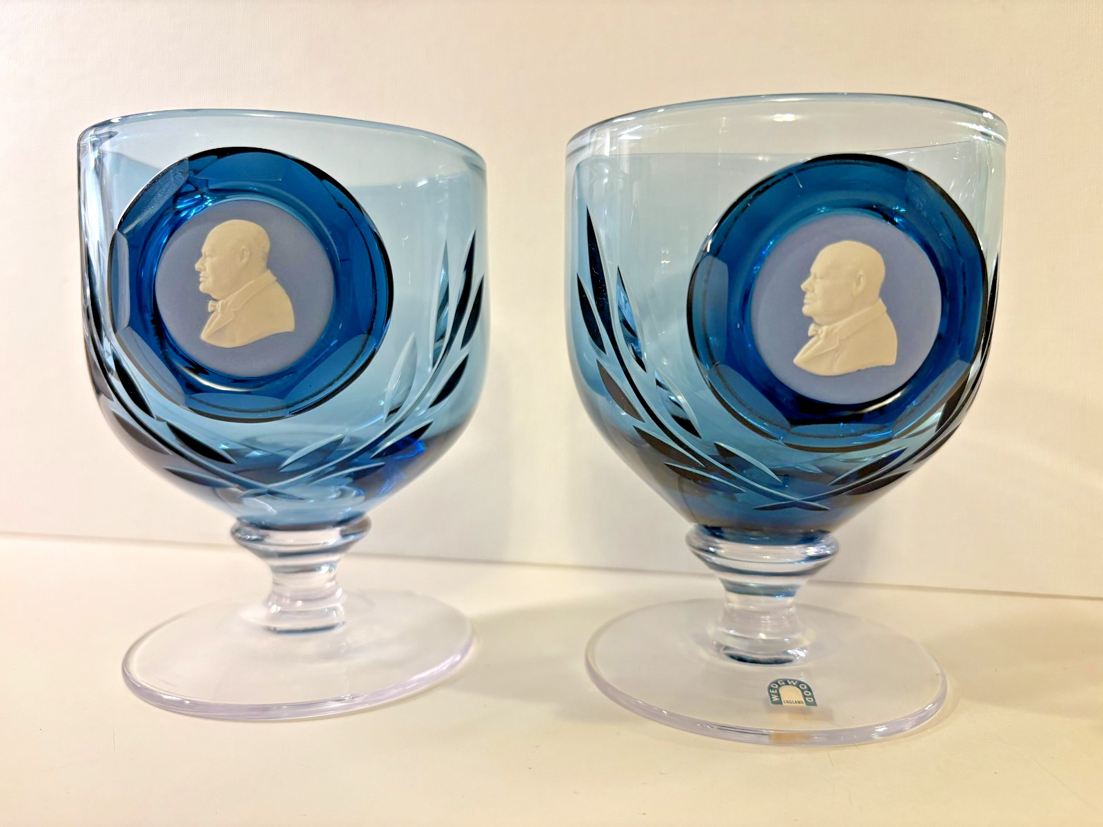 ❖ Pair of Wedgwood Winston Churchill Commemorative Goblet Blue Glass Jasperware