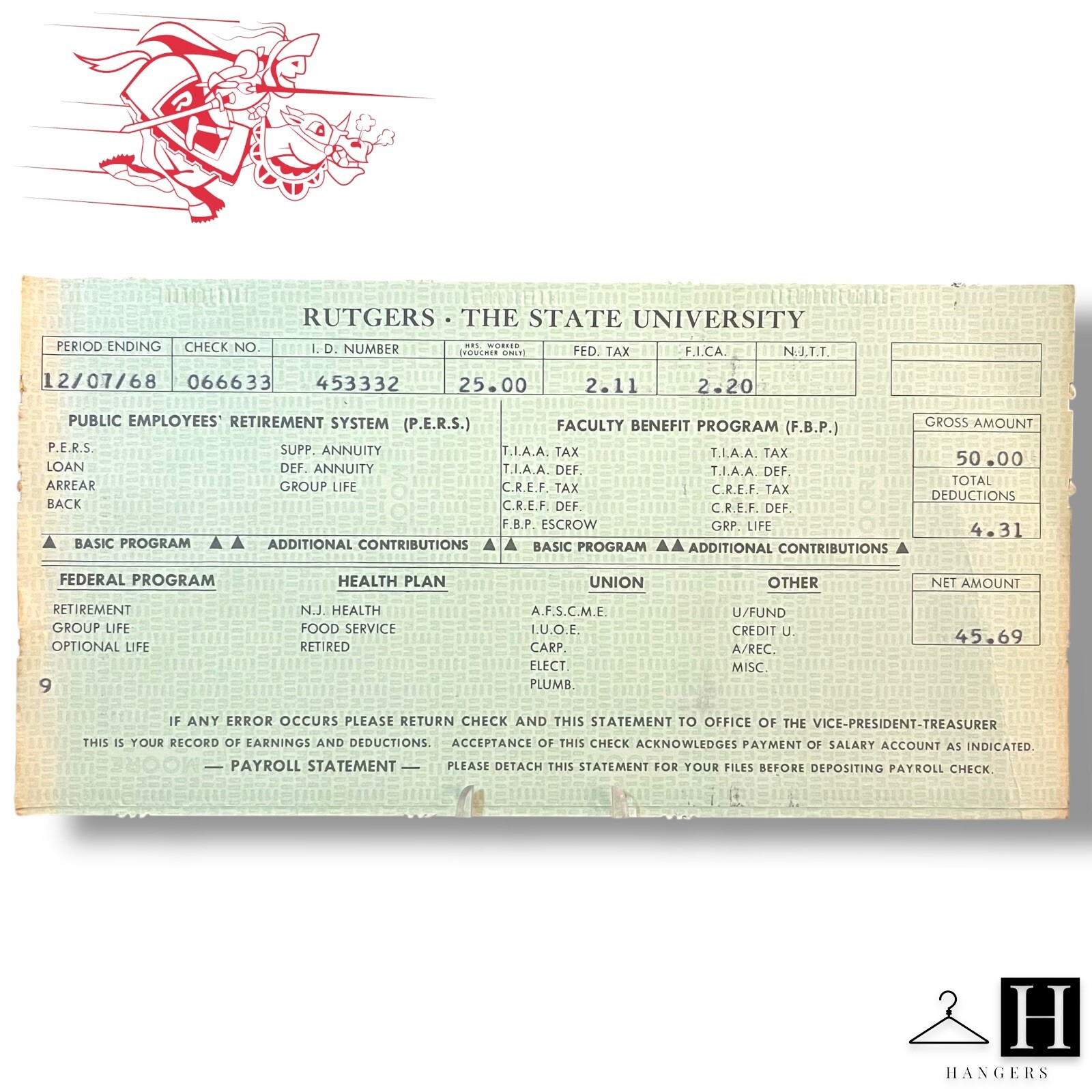Vintage 1968 Rutgers University Payroll Check Stub New Jersey Ephemera Document Vintage 1968 Rutgers University Payroll Check Stub New Jersey Ephemera Document