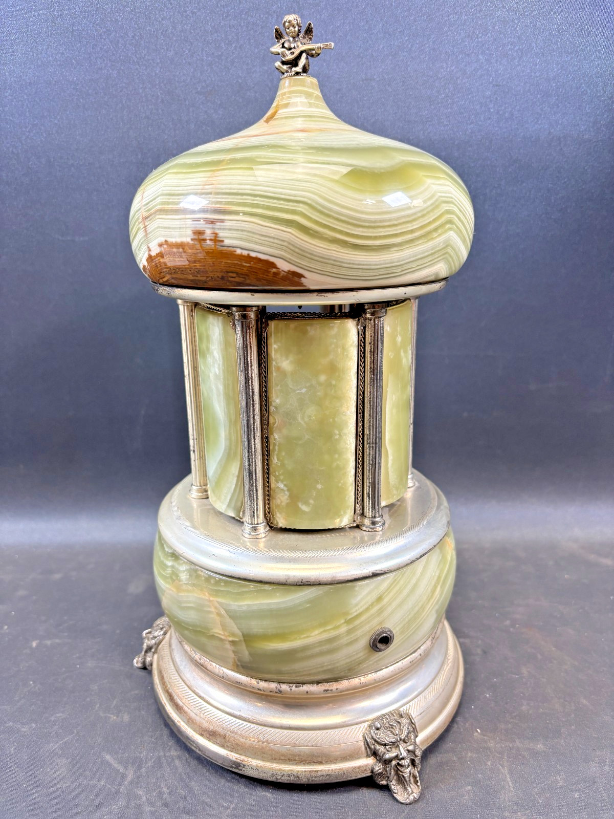 Antique Italia Reuge Karakuri Style Music Box Green Marble Cigar Holder 12.2inch