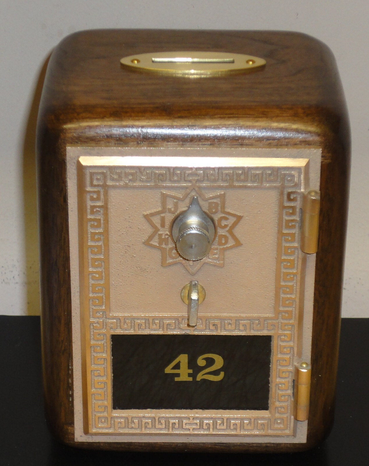 Antique U S Post Office Box Door Bank With Brass Slot-Walnut Antique U S Post Office Box Door Bank With Brass Slot-Walnut
