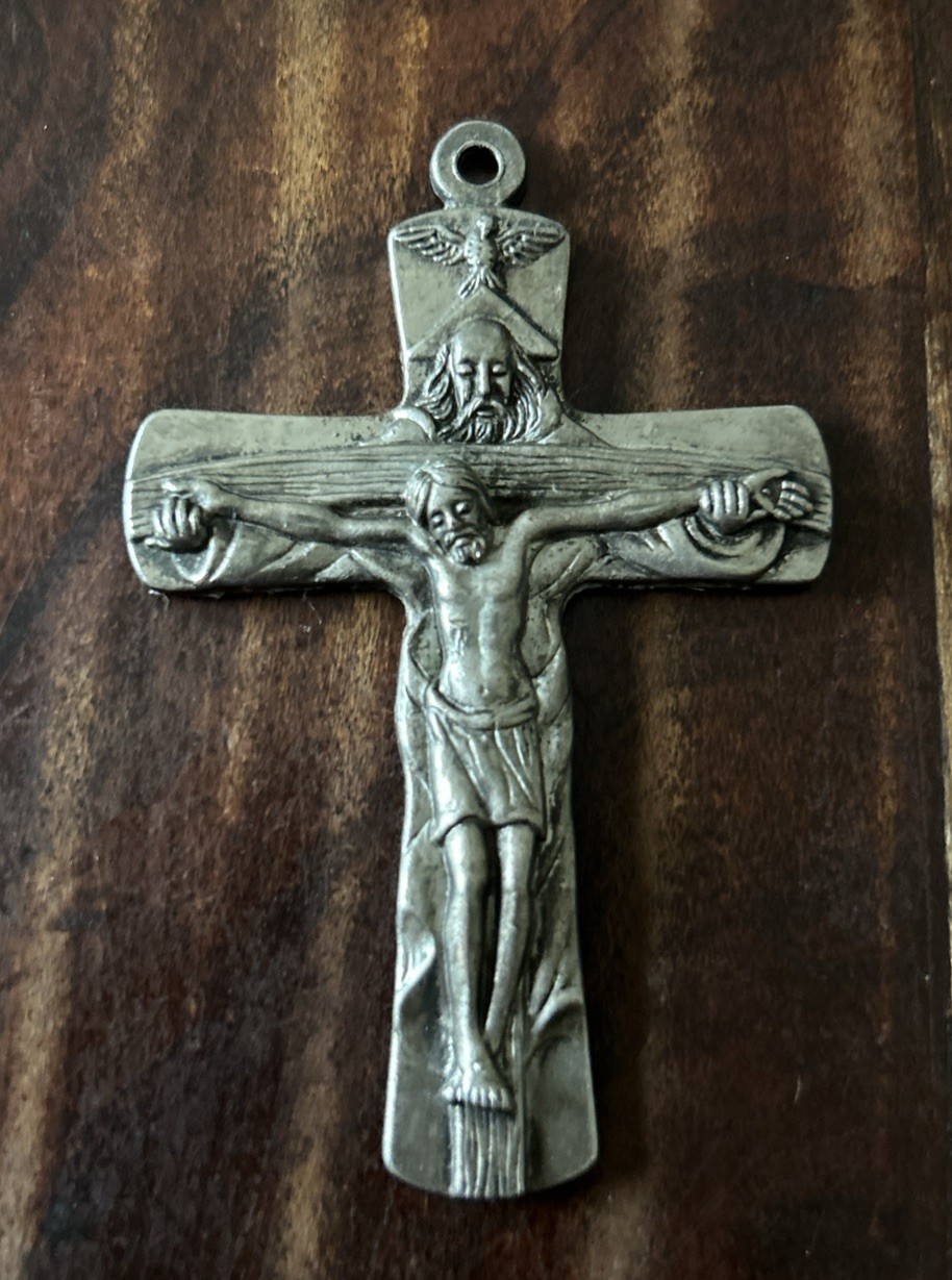 Vtg Silver Plate Ornate Vatican Holy Trinity Mini Catholic Crucifix 2.75”x1.75”