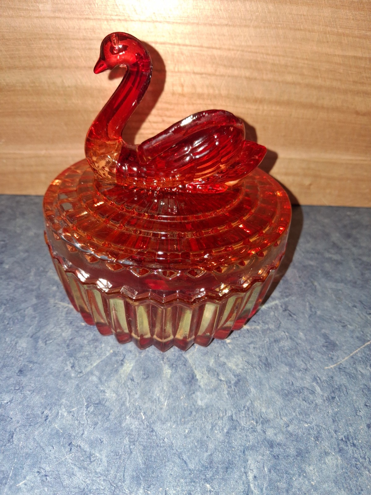 Vintage Jeanette Amberina Glass Powder Jar Swan Lipstick Holder No Chips 