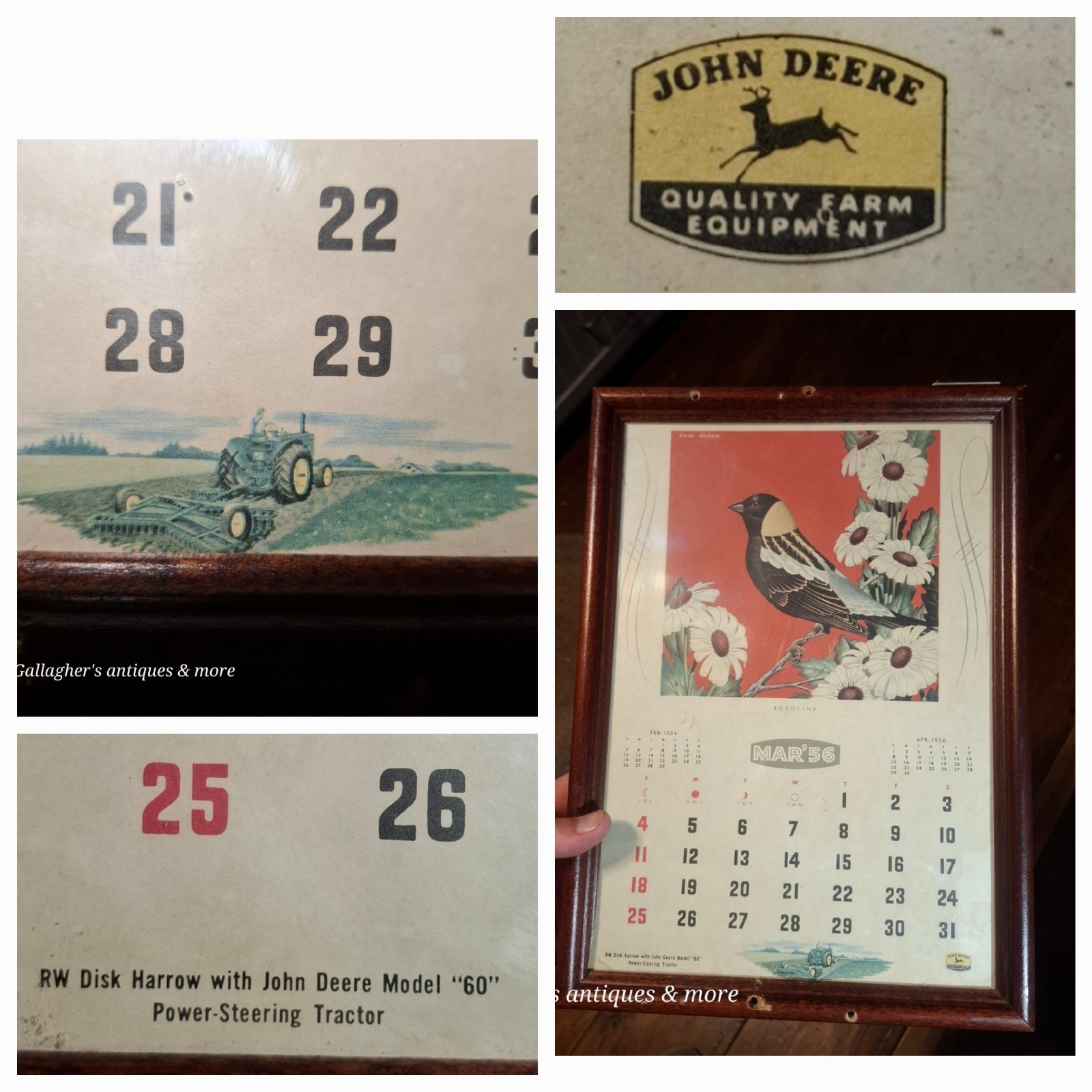 Framed Vintage 1956 JOHN DEERE Calendar Model 60 Power-Steering Tractor & Bird Framed Vintage 1956 JOHN DEERE Calendar Model 60 Power-Steering Tractor & Bird