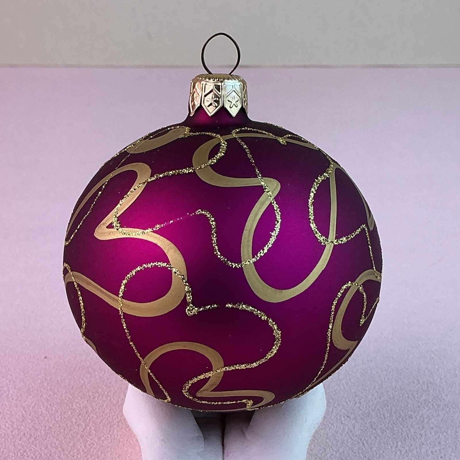 Vintage 1980’s Blown Glass & Gold Glitter- Satin Burgundy Ornament*POLAND*3.25”H