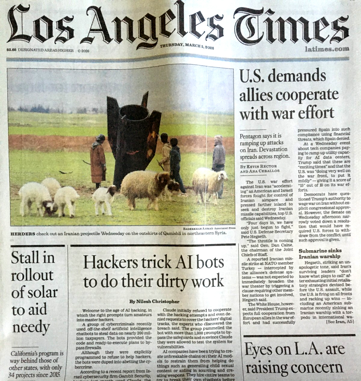 LOS ANGELES TIMES March 5, 2026 HACKERS TRICK AI BOTS Lakers Basketball UCLA