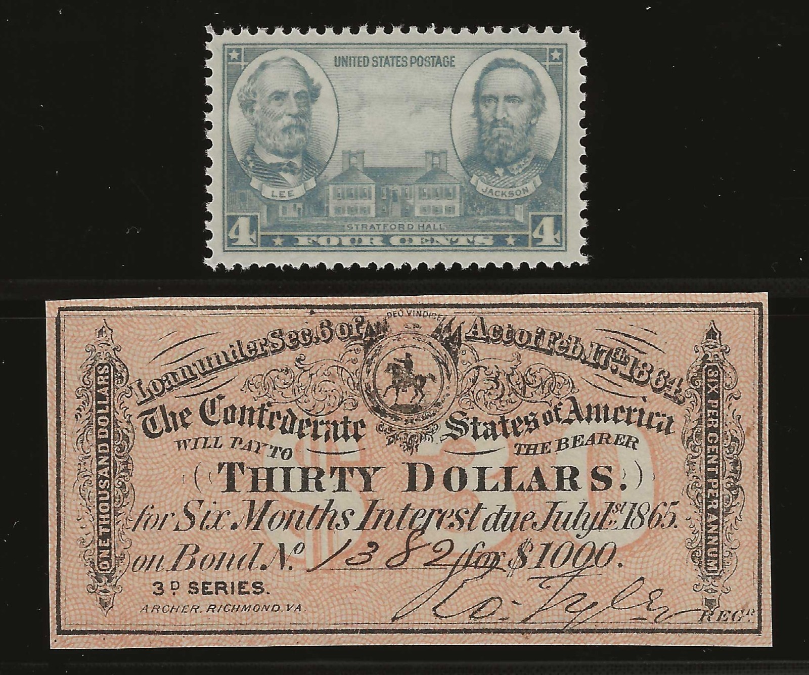 ORIGINAL CIVIL WAR 1864 $30 CONFEDERATE $1000 BOND COUPON + LEE / JACKSON STAMP
