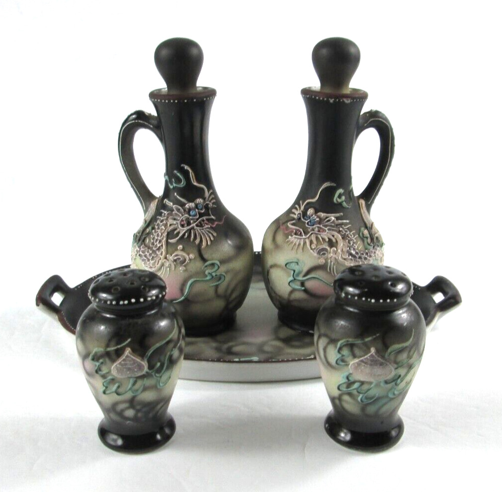 vintage mini Japanese Moriage Dragonware Tray Salt & Pepper Teapots