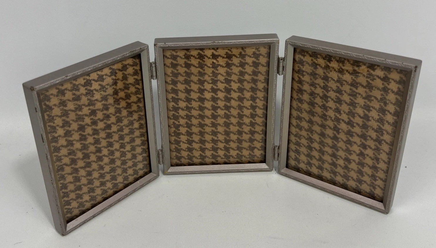 Vintage Tri Fold Picture Frame Convex Bubble Glass 1920s Triptych Silver Scroll Vintage Tri Fold Picture Frame Convex Bubble Glass 1920s Triptych Silver Scroll