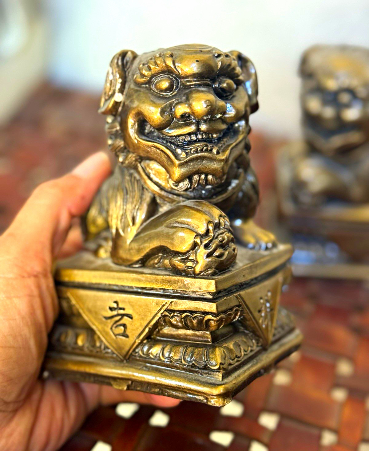 Vintage Asian Foo Dog Guardian Lion Metal Figurines Pair Gold Black on Pedestals