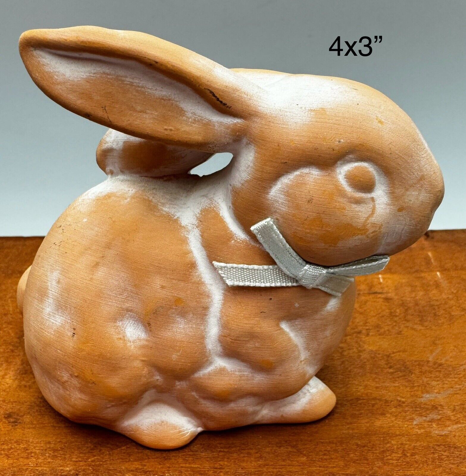 Red Terracotta Clay Hollow Easter Bunny Rabbit Figurine Gray Ribbon