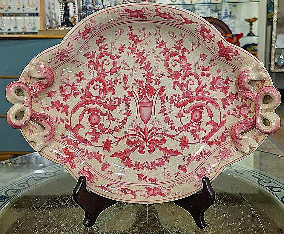 Pink, White Chinoiserie Porcelain Platter.Bow Shape Handles.Hand Painted-12.5”L