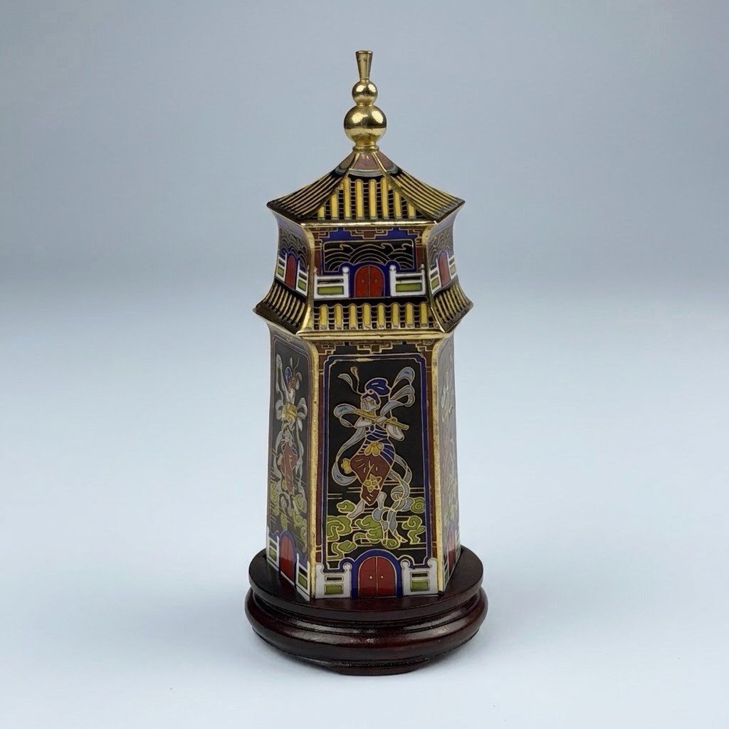 VTG Chinese Cloisonne Pagoda Trinket Box Enamel Celestial Musician 6.4\