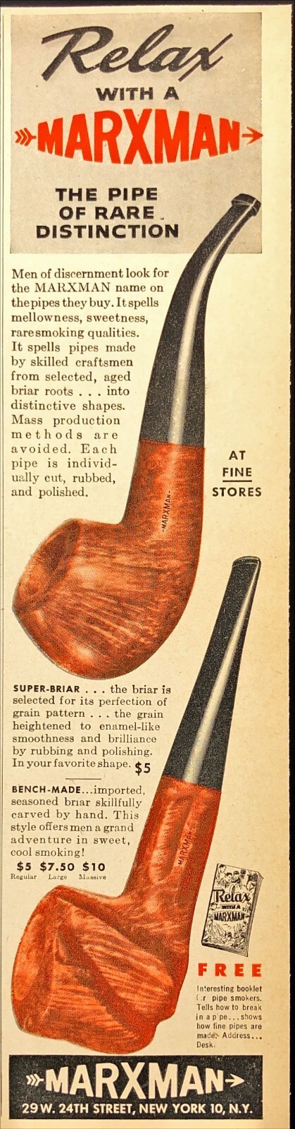 1946  Marxman Pipe of Rare Distinction for Men of Discernment Vintage Print Ad