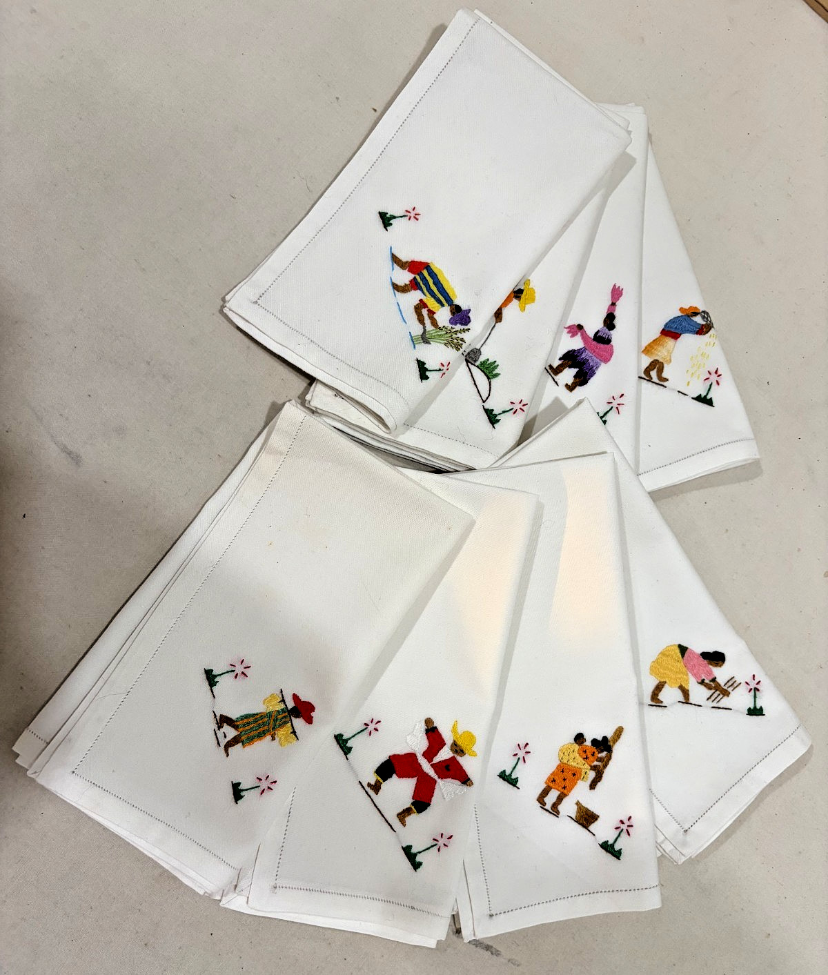 8 Hand-Embroidered Unique Napkins Featuring Working People Ethnic Culture