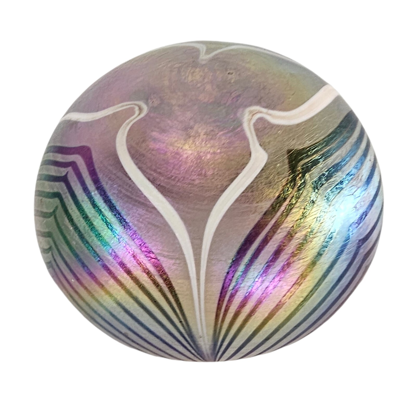 Vintage Hand Blown Aurene Iridescent Studio Art Glass Pulled Feather Paperweight