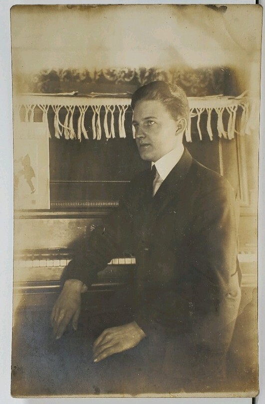 RPPC Handsome Young Man  at Piano Side Profile Real Photo c1900s Postcard M4