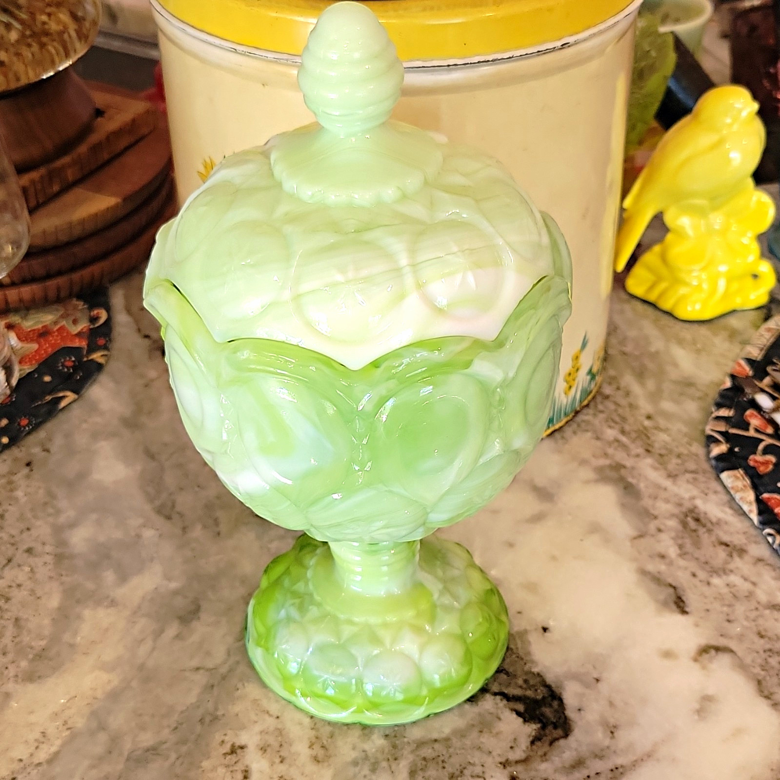 Vintage Kanawha Green/White Slag Glass Lidded Compote *PLEASE READ* Moon & Stars
