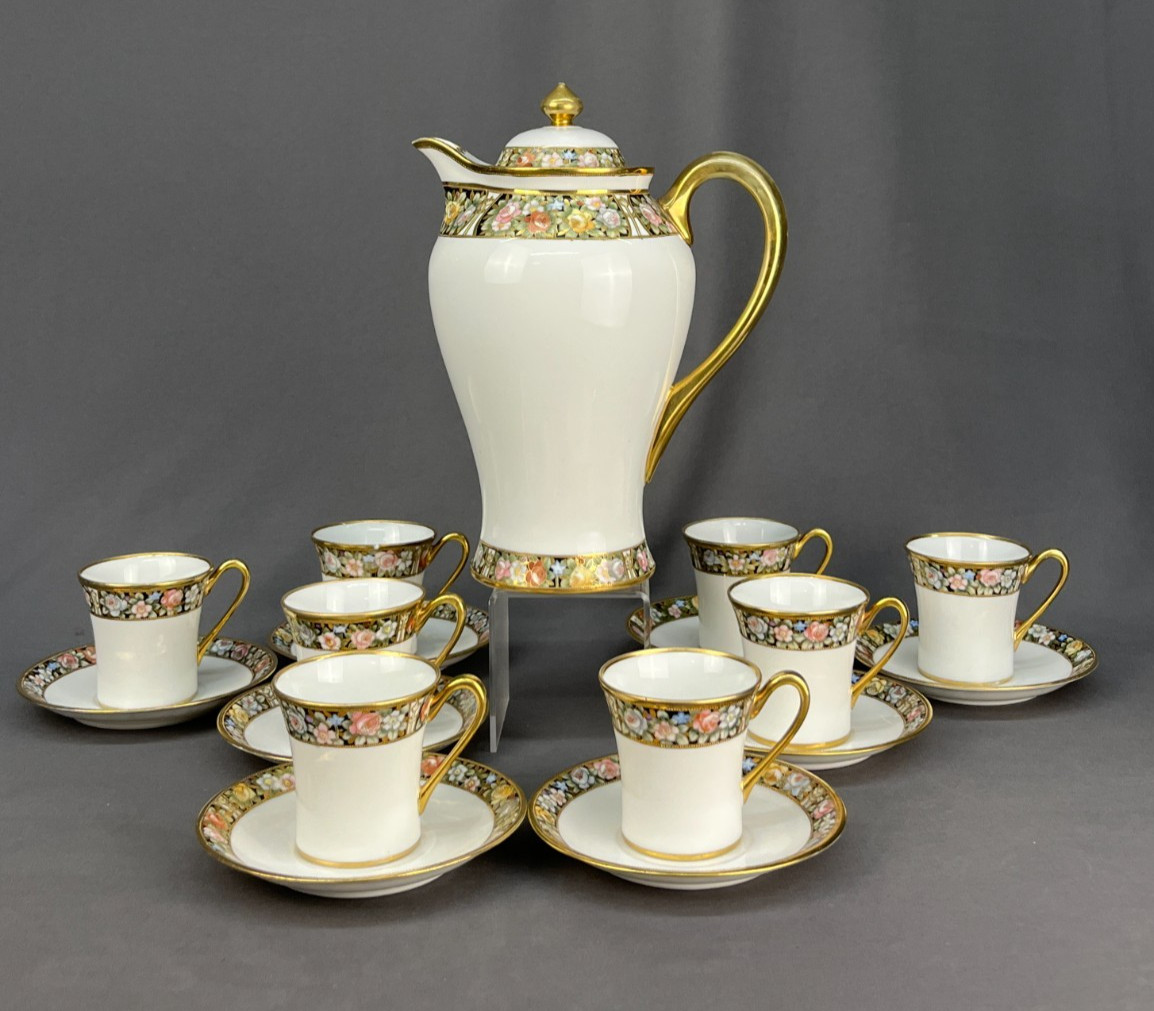 18-Pc Antique RC Royal Crockery Nippon Hand-Painted Gilt Rose Chocolate Set