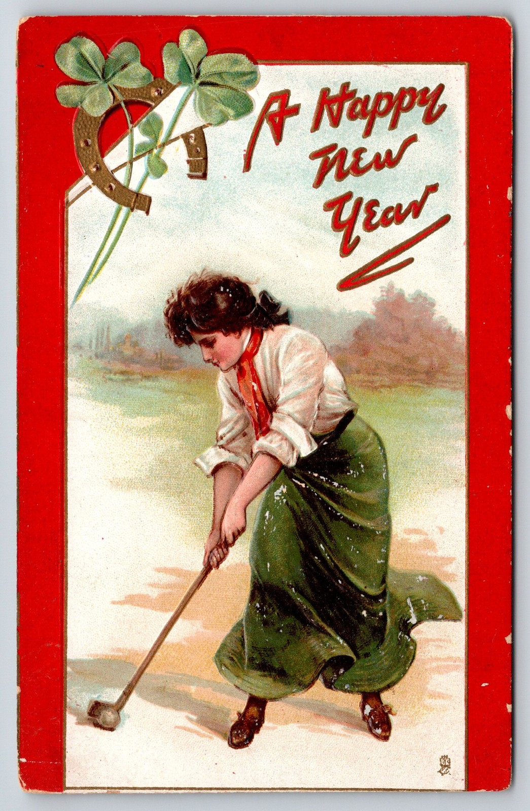 New Year~Lady Plays Golf~Hits Ball w/Club~Horseshoe~TUCK~c1910 Vintage Postcard