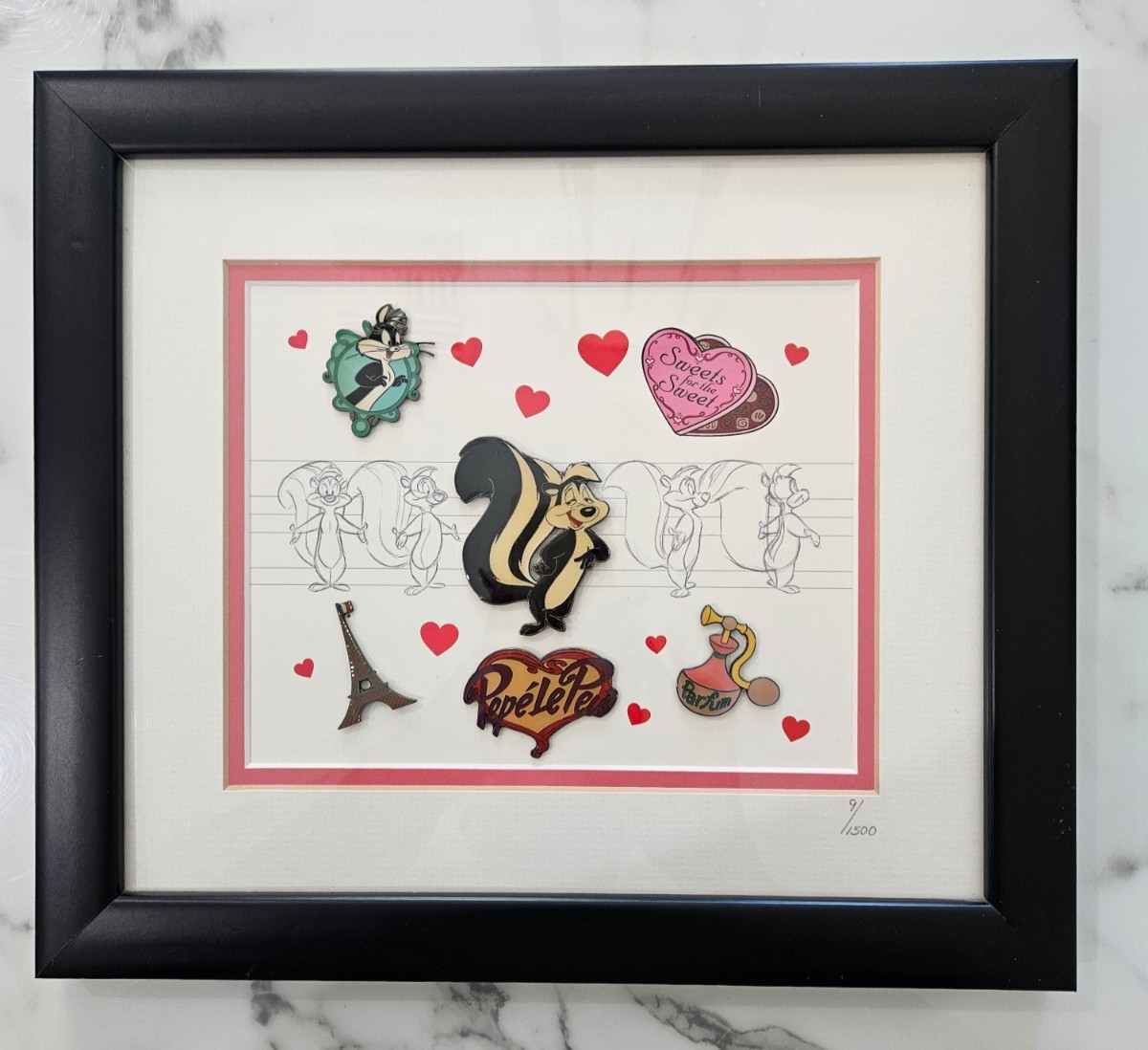 Pepe Le Pew Authentic Com. Pin & Lithograph Framed Picture Warner Bros #9/1500