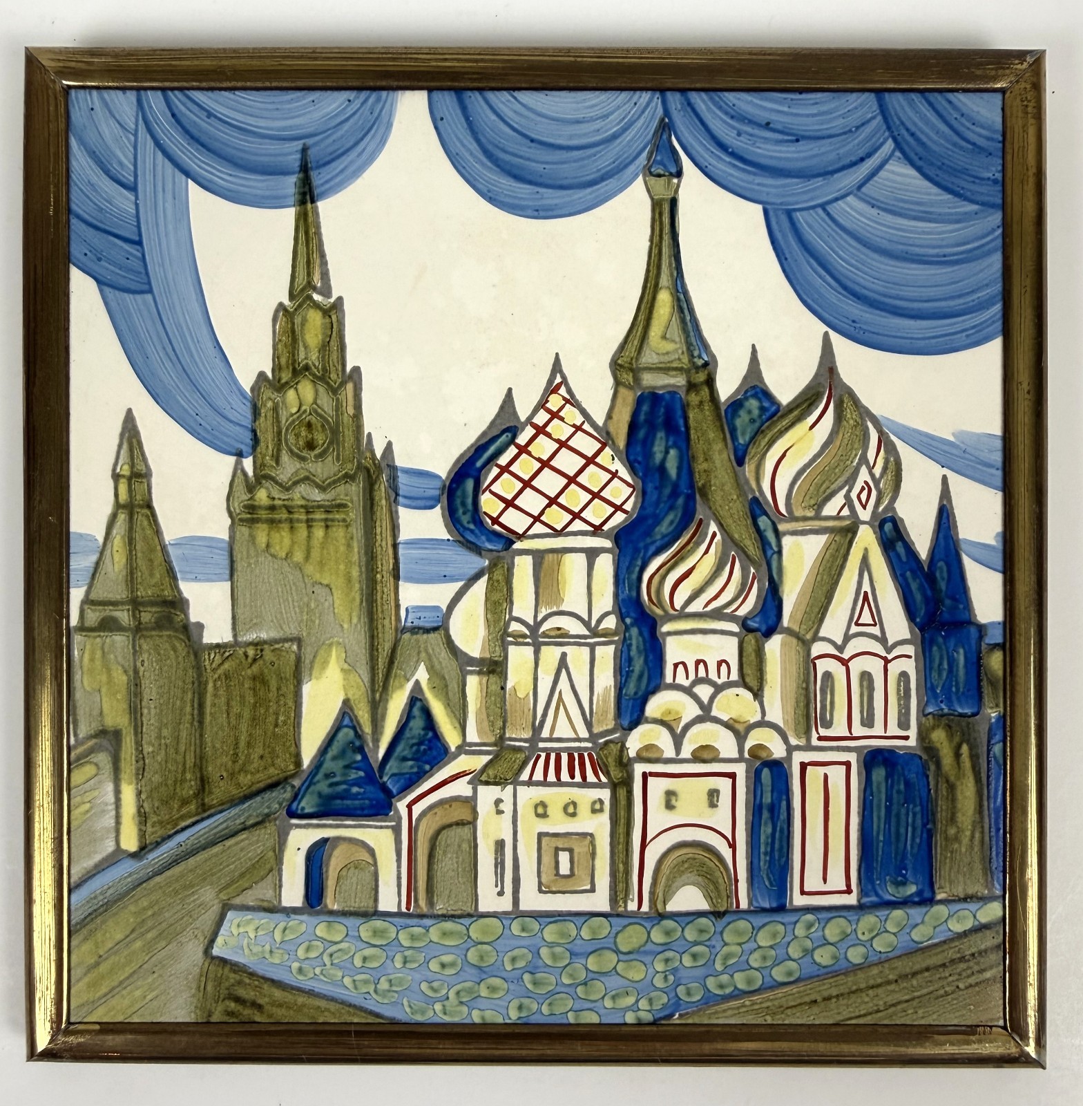 Vintage Soviet USSR Beriozka St Basil Cathedral Hand Painted Ceramic Tile Framed