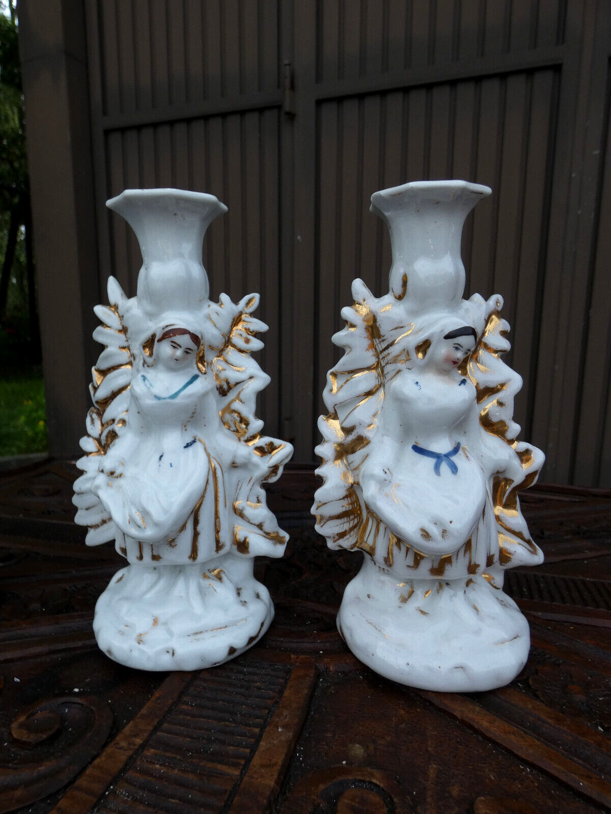 PAIR antique vieux paris porcelain girl figurine candle holders statue PAIR antique vieux paris porcelain girl figurine candle holders statue