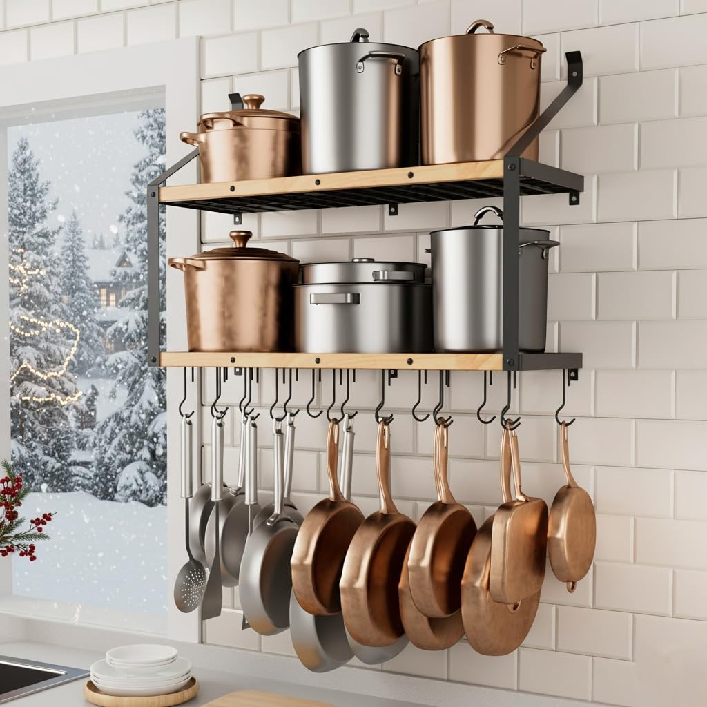 KES 132lb Heavy Duty Hanging Pot Rack Wall Mounted 34in Solid Wood KES 132lb Heavy Duty Hanging Pot Rack Wall Mounted 34in Solid Wood