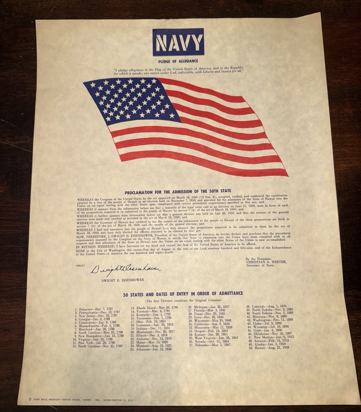1959 U.S. Navy Hawaii 50th State Eisenhower Proclamation 50-Star Flag Print