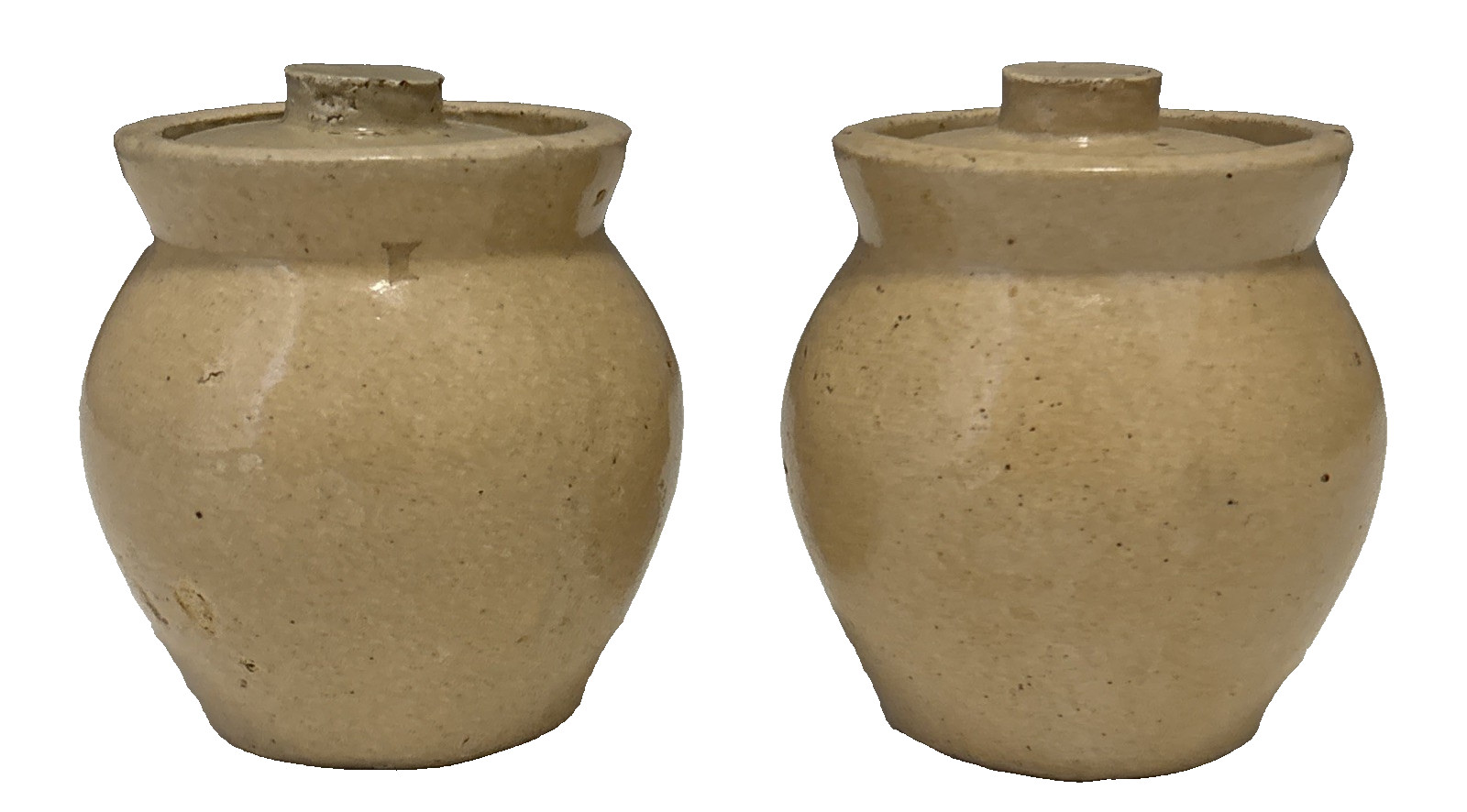 Pair Antique Roycroft Shops East Aurora NY Stoneware Crock Honey Jam Jars Lids