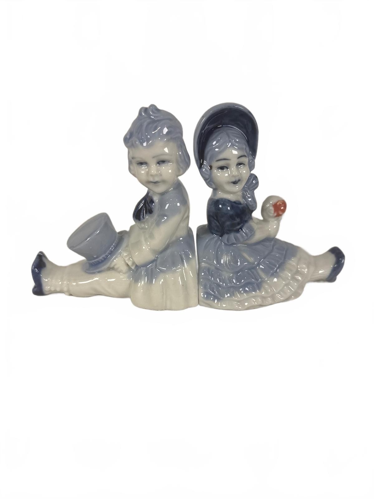 Vintage Blue and White Porcelain Figurine Bookends of Children Japan Vintage Blue and White Porcelain Figurine Bookends of Children Japan