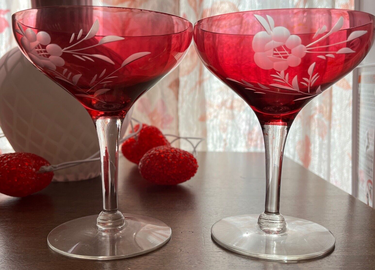 2 Mid-Century Ruby Red/Cranberry Crystal Daisy Champagne Goblets