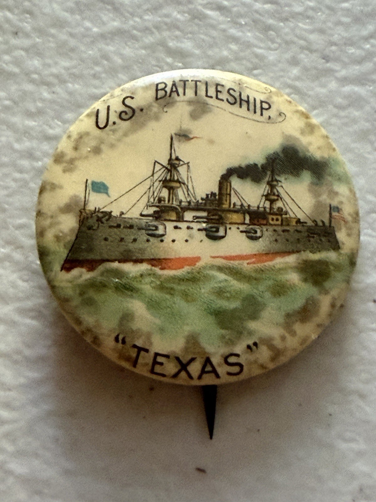 c1890s US Battleship Texas Celluloid Pinback Spanish American War