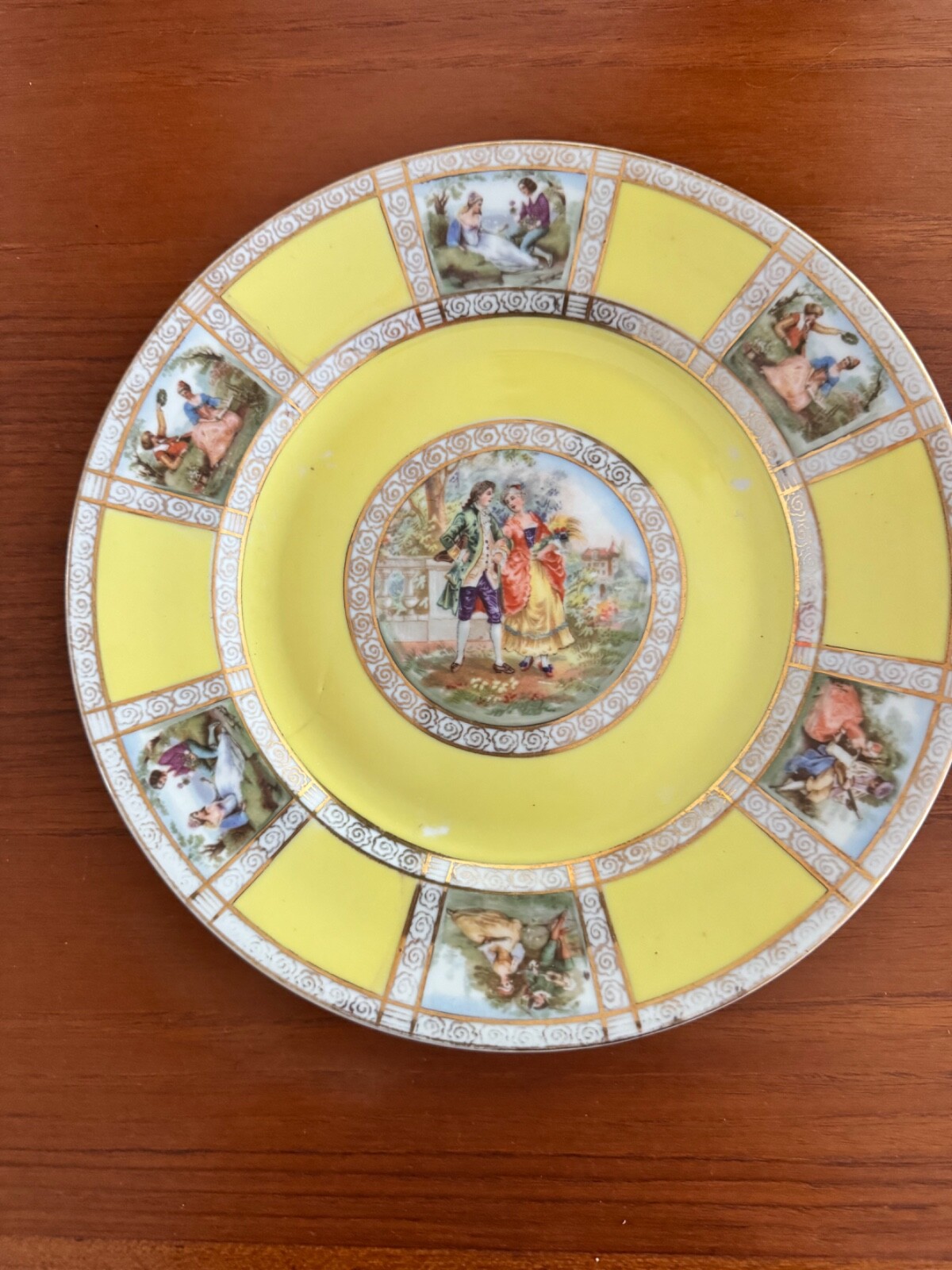 Gorgeous Rare Antique Pirkenhammer Large Yellow Dinner Plate with Couples 10.75” Gorgeous Rare Antique Pirkenhammer Large Yellow Dinner Plate with Couples 10.75”