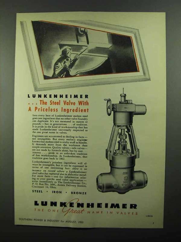1950 Lunkenheimer Valves Ad - A Priceless Ingredient 1950 Lunkenheimer Valves Ad - A Priceless Ingredient