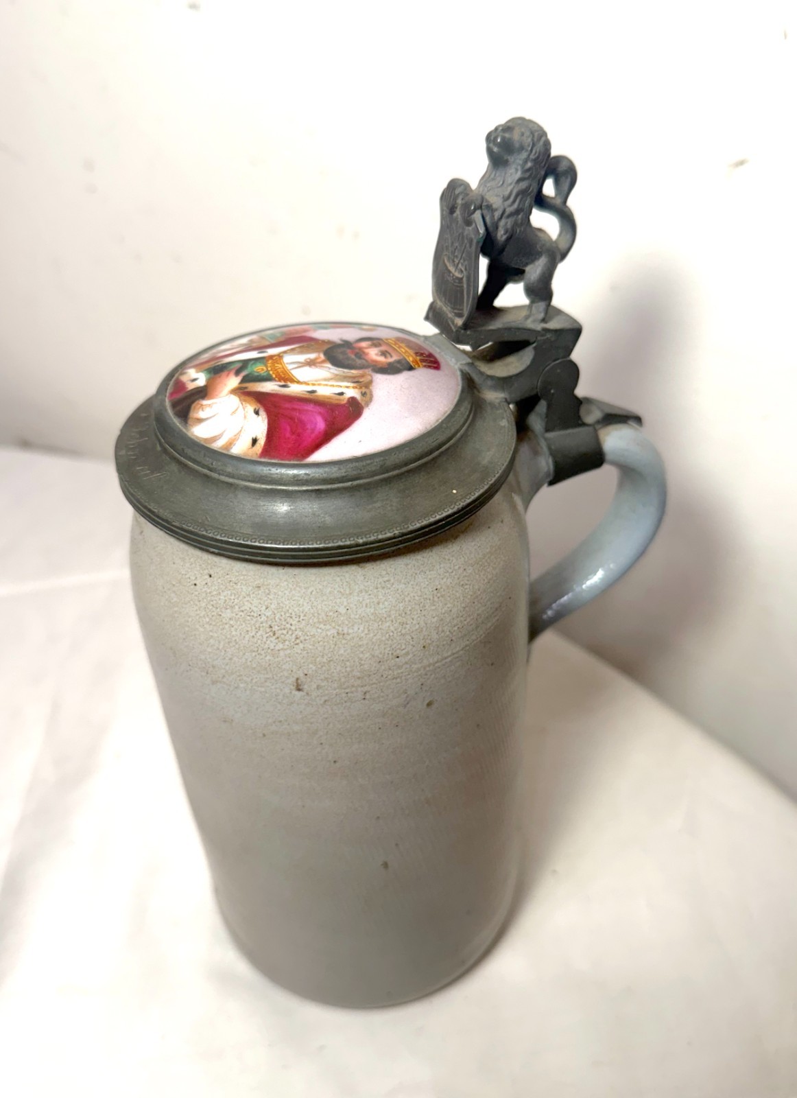 Antique 1Ltr. early 1800's German pottery pewter lidded beer stein mug tankard Antique 1Ltr. early 1800's German pottery pewter lidded beer stein mug tankard