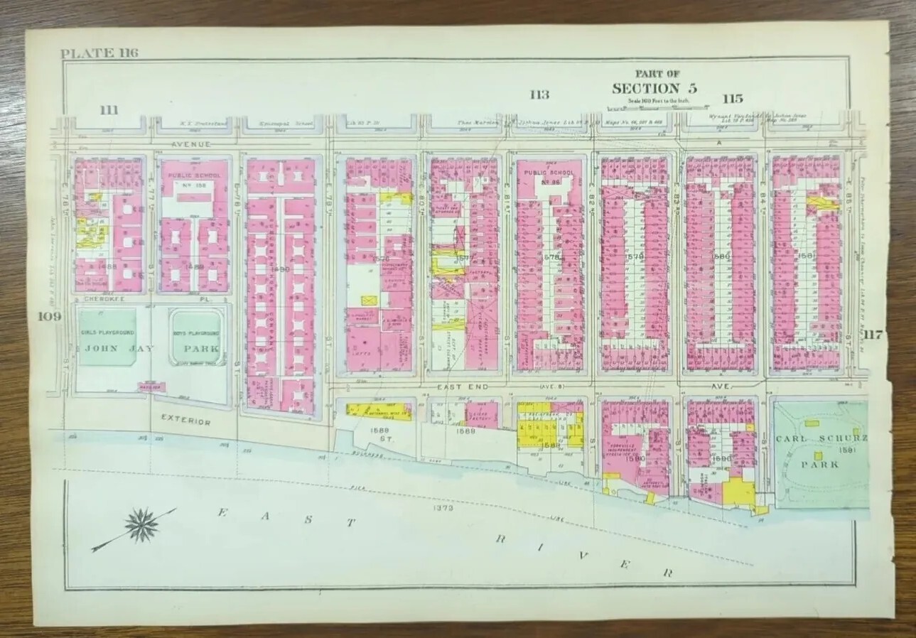 1916 YORKVILLE MANHATTAN Map NEW YORK CITY NY Old Antique Original JOHN JAY PARK