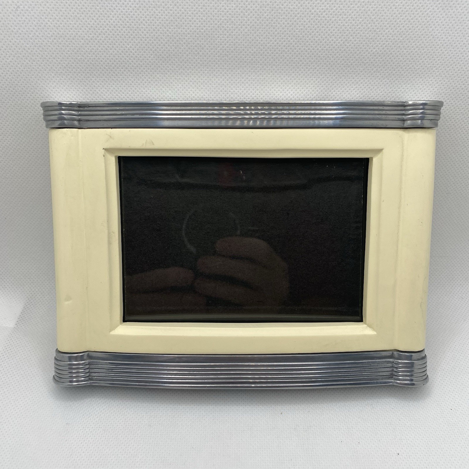 Vintage Art Deco 5X7 Fetco Picture Frame 1930s Chrome Ribbed Cream Black Glass Vintage Art Deco 5X7 Fetco Picture Frame 1930s Chrome Ribbed Cream Black Glass