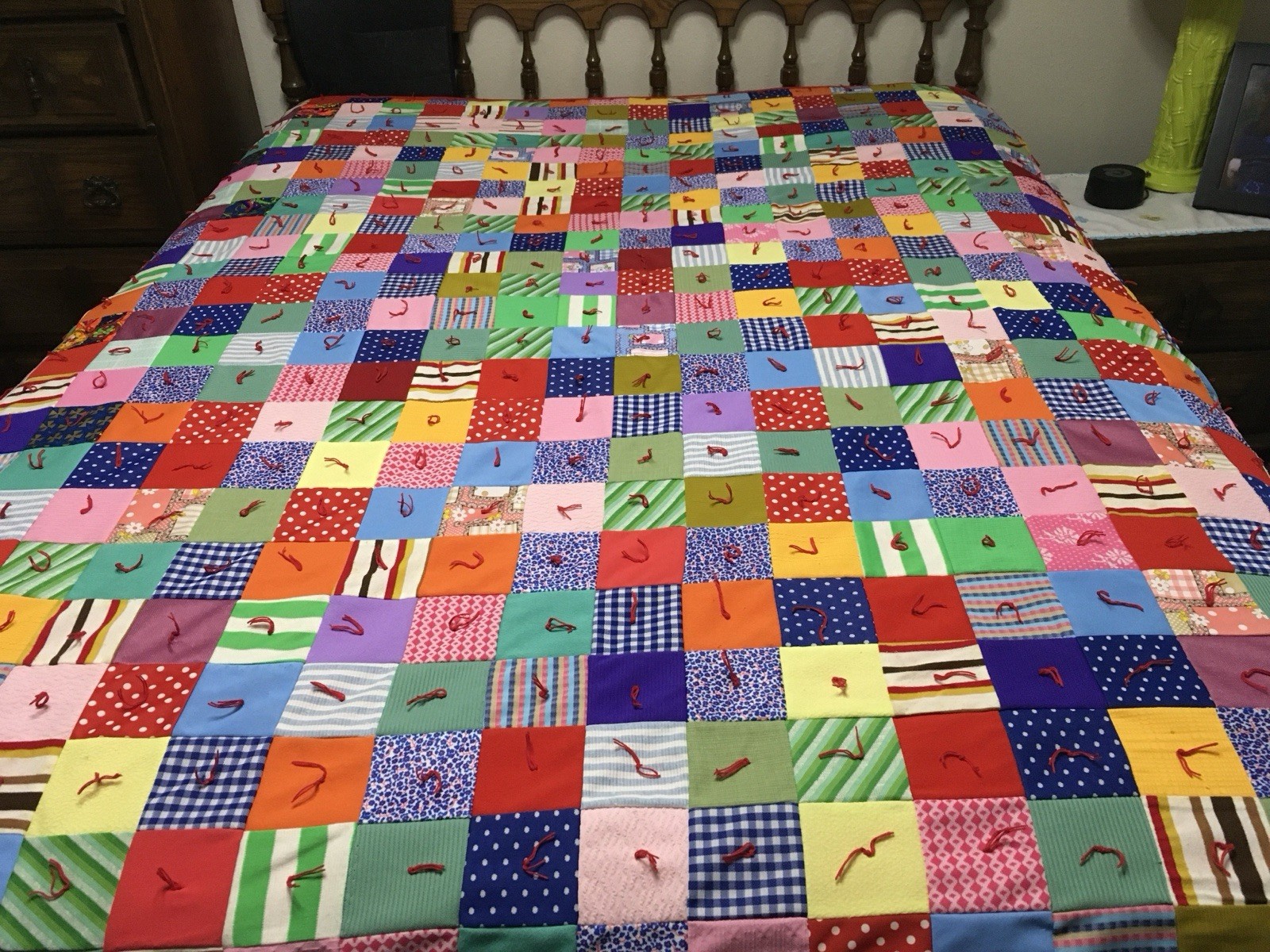 Vtg Handmade Polyester Double Knit 70’s Tied Quilt 72”x 90” In Good Condition Vtg Handmade Polyester Double Knit 70’s Tied Quilt 72”x 90” In Good Condition