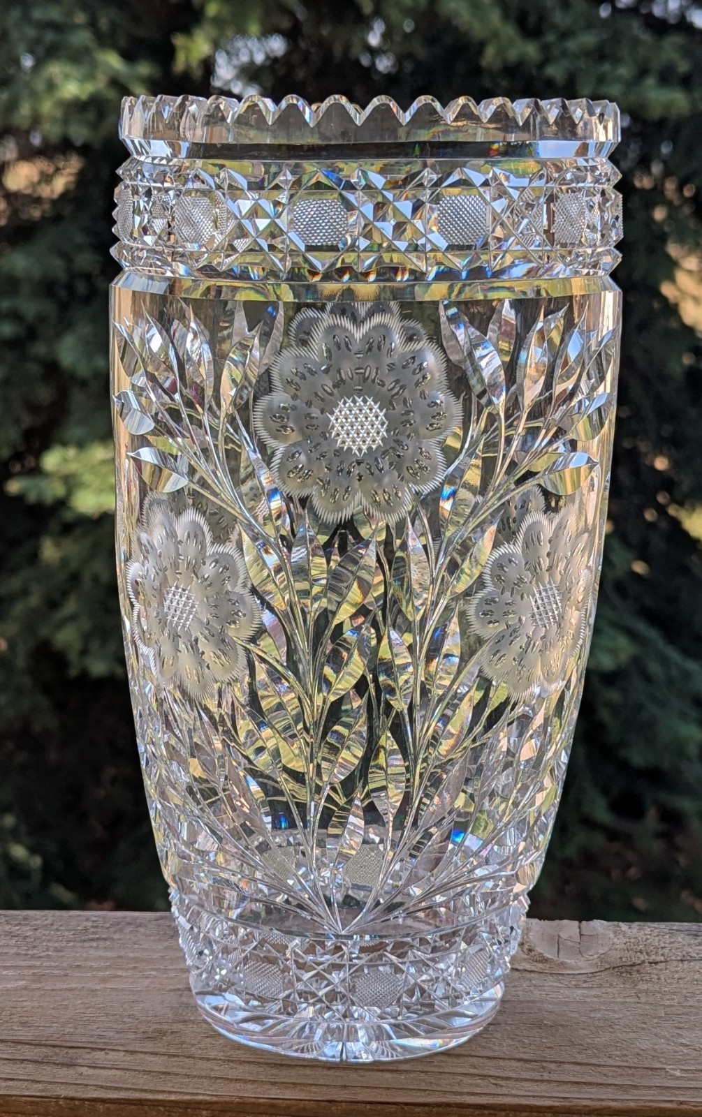 Vtg. Bohemian Heavy Crystal Vase Diamond & Floral Pattern 11