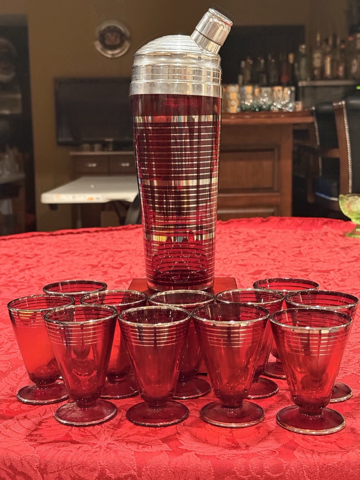 1930s Paden City Ruby Red Art Deco Cocktail Shaker W/ Set Of 11 Matching Glass 1930s Paden City Ruby Red Art Deco Cocktail Shaker W/ Set Of 11 Matching Glass