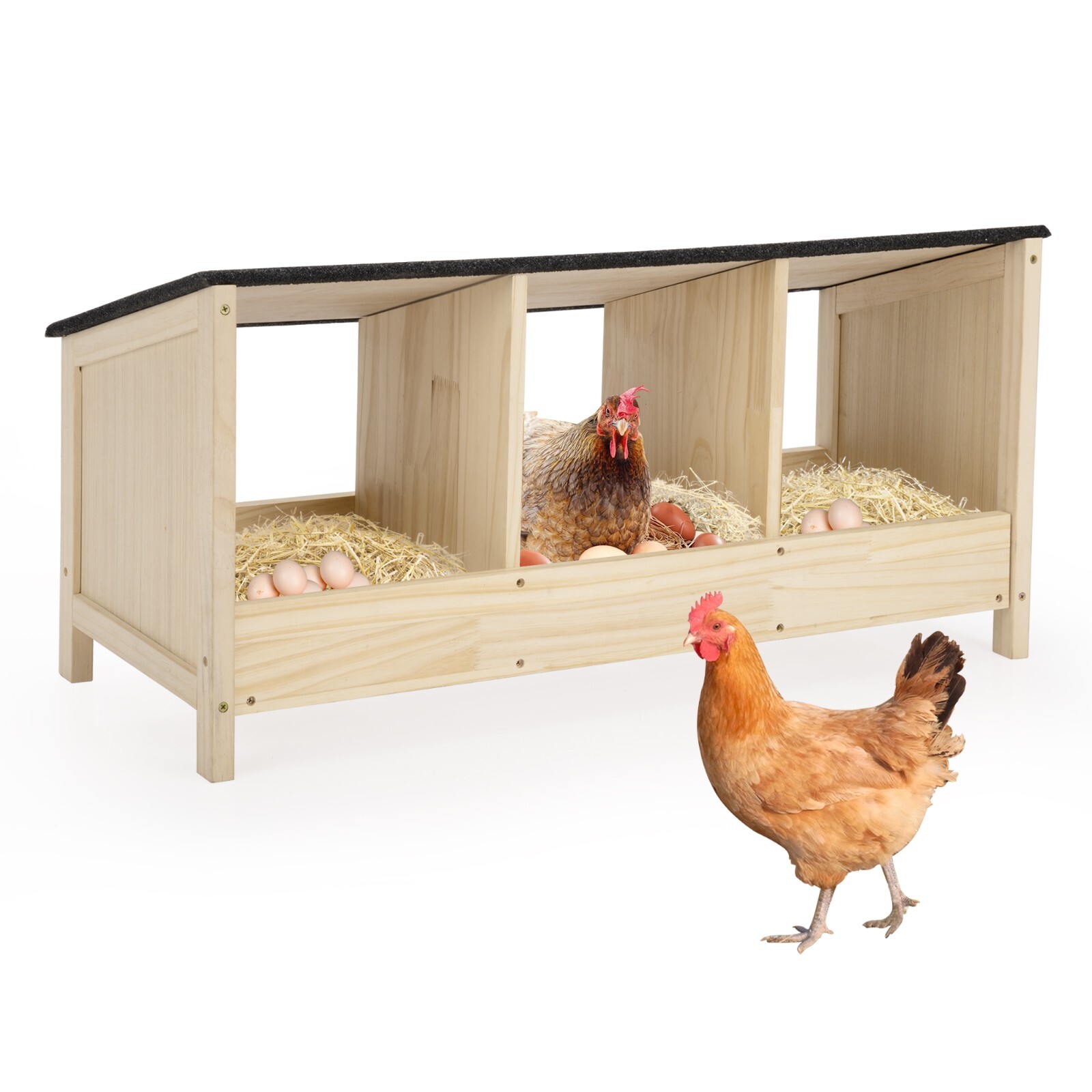 Nesting Box for Chickens Wood Chicken Coop 3 Compartments Box with Asphalt Roof