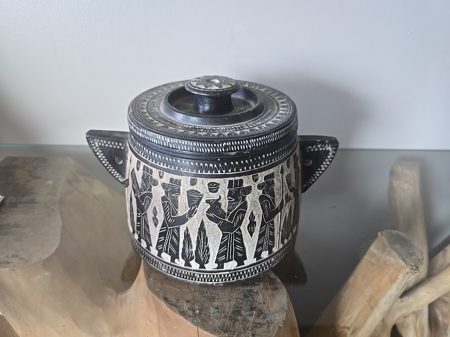 Pyxis Persepolis Mural Stoneware Solid Stone Carved Container Urn Canister Crock