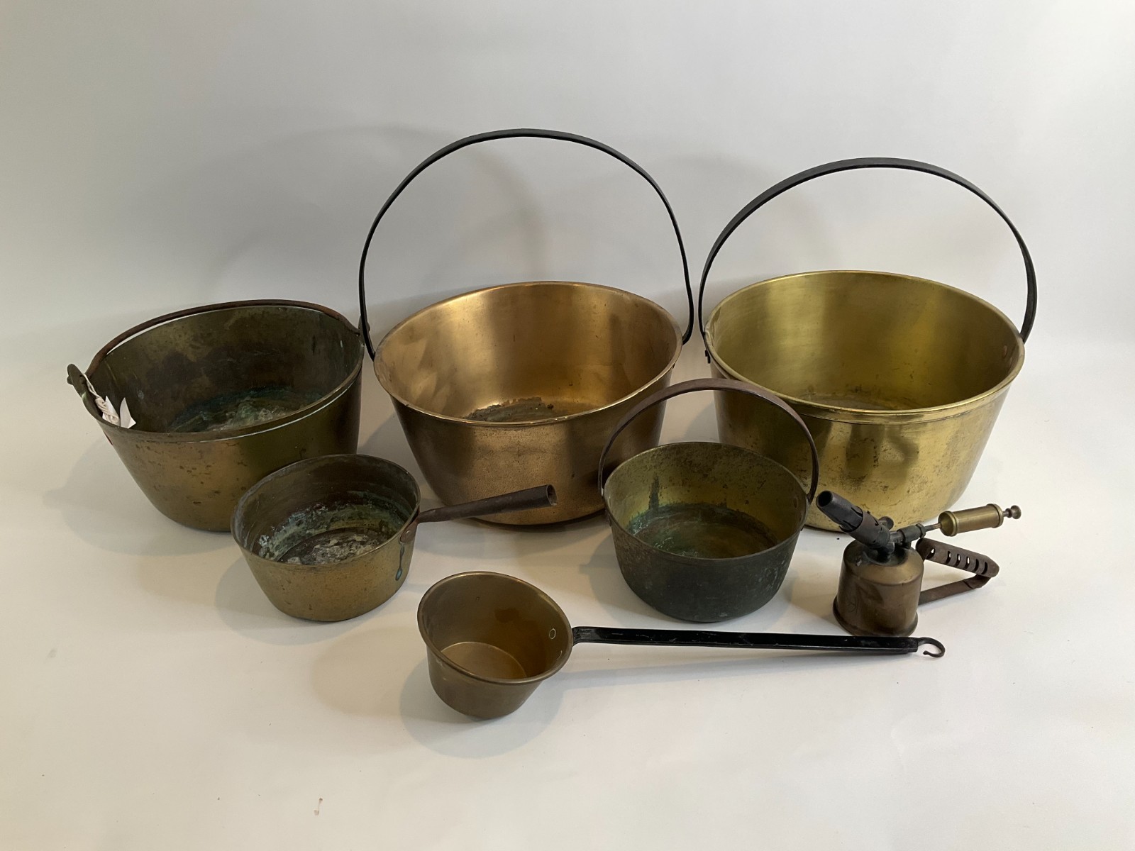 Vintage 7 piece Lot Large Brass Cauldron Pots Ladle Torche Copper Patina